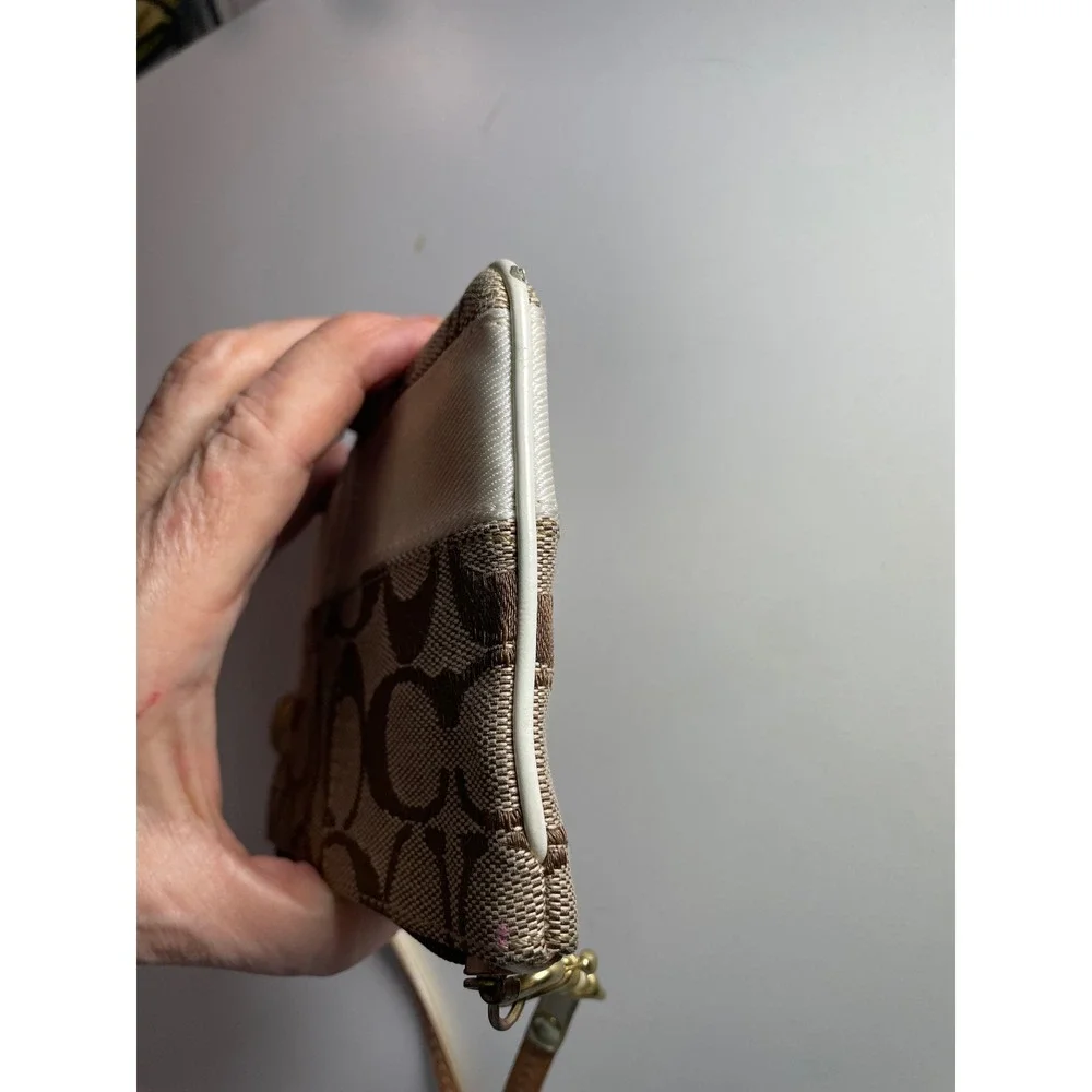 Coach Signature C Monogram Wristlet Pouch Brown Tan‎ Canvas Leather Strap